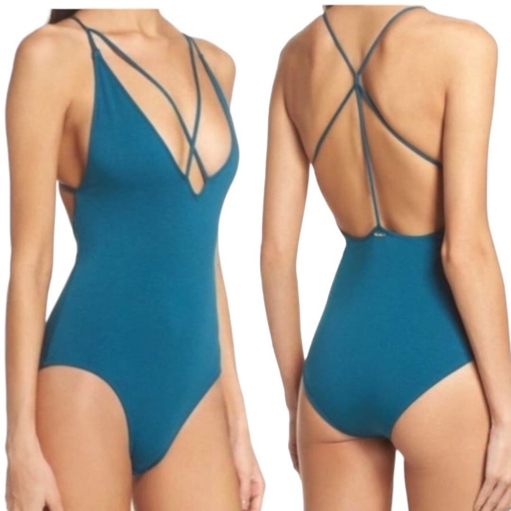 Sam Edelman Moroccan Blue Plunge Strappy Bodysuit Size S fits like XS
